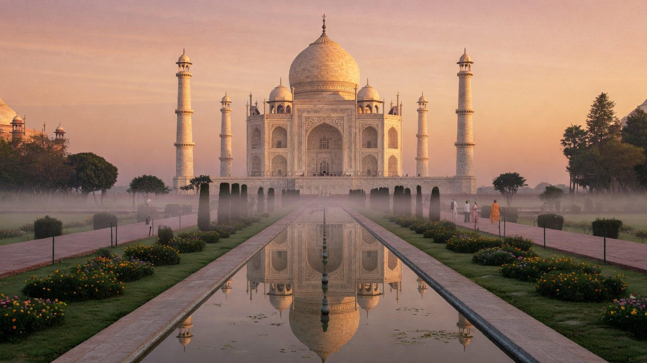 The Taj Mahal at sunrise, reflected in its still water channel