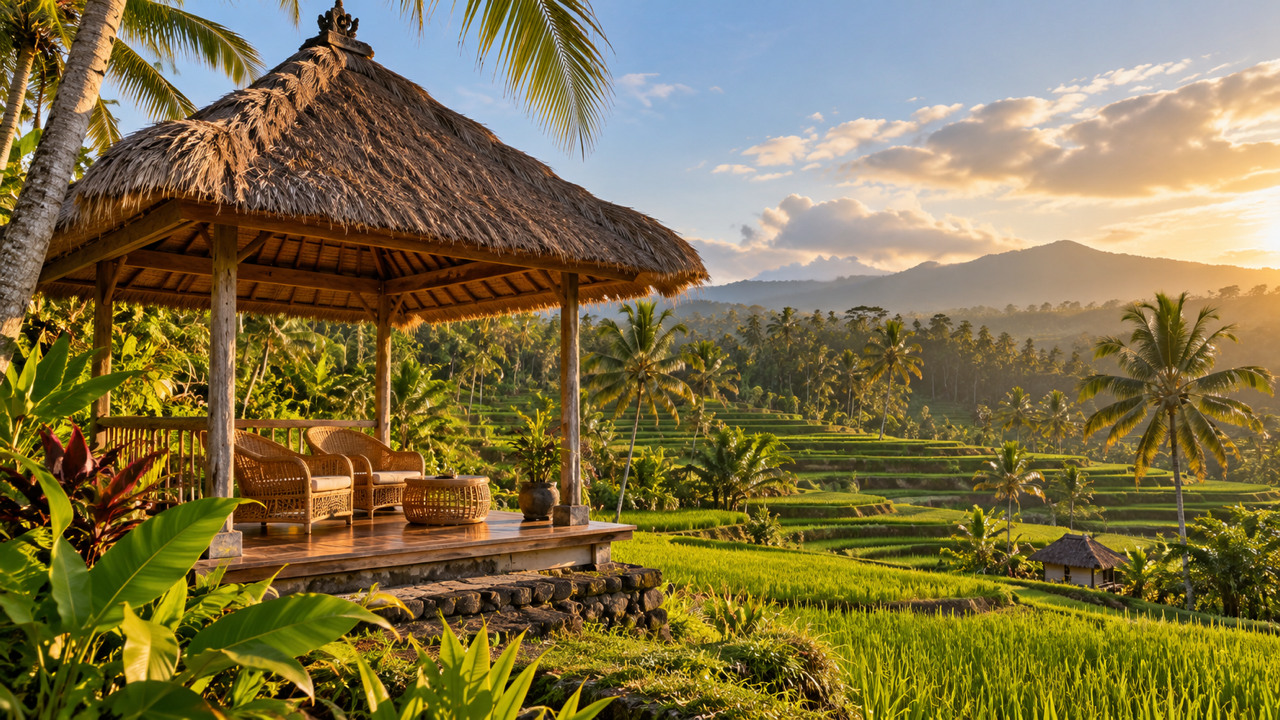A thatched pavilion with two empty rattan chairs overlooking terraced rice paddies and coconut palms in golden evening light in Bali