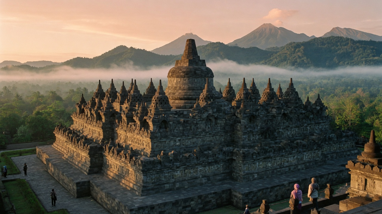 The stepped stone terraces and bell-shaped stupas of Borobudur temple in Central Java at sunrise