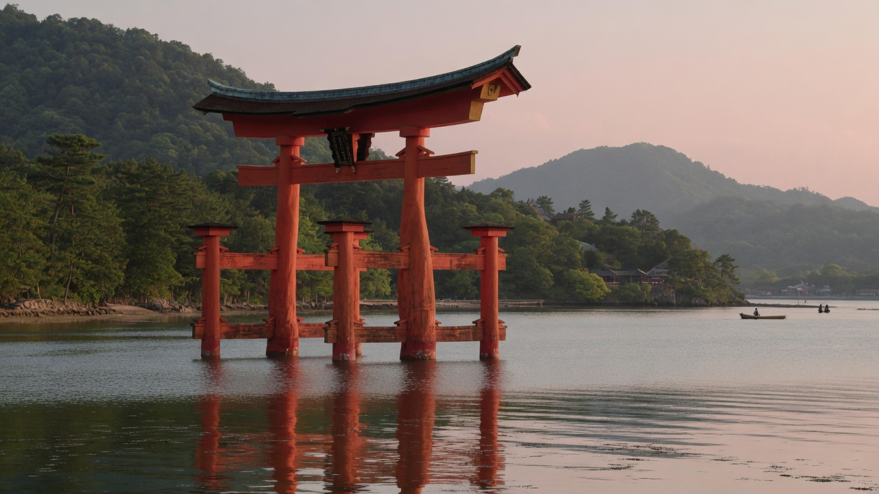 The floating torii gate of Itsukushima Shrine standing in the sea at Miyajima