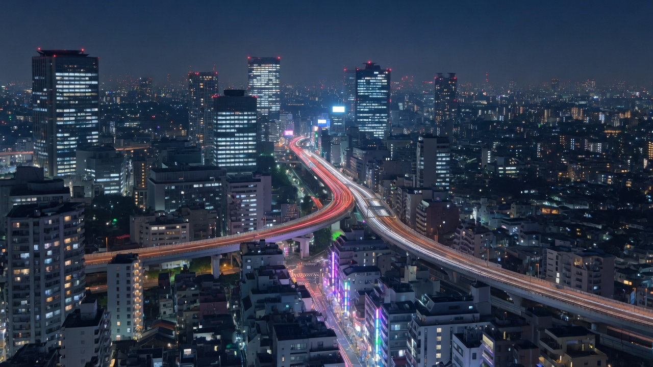 Tokyo at night from above, expressway light trails threading between towers
