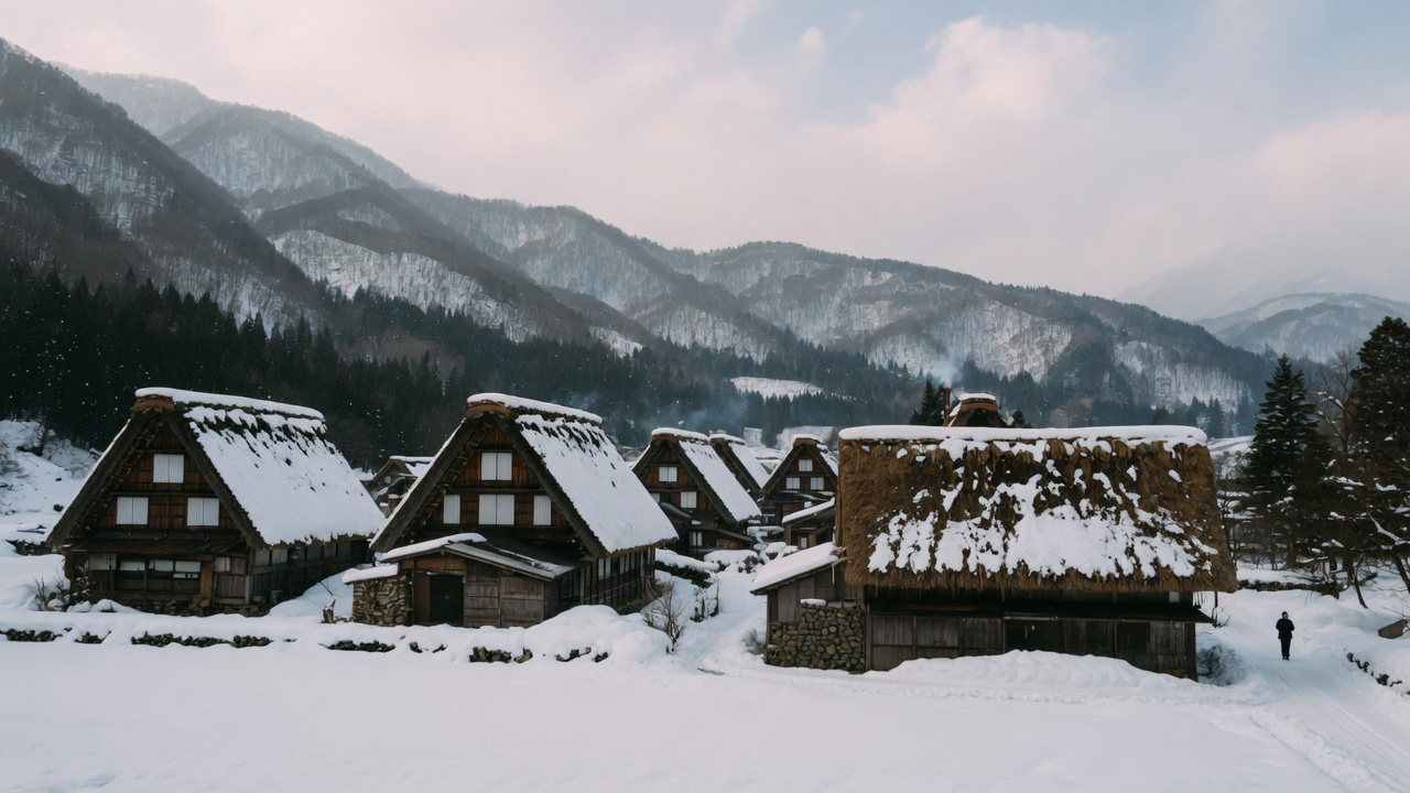 Steep thatched-roof gassho-zukuri farmhouses in the mountain village of Shirakawa-go, Japan