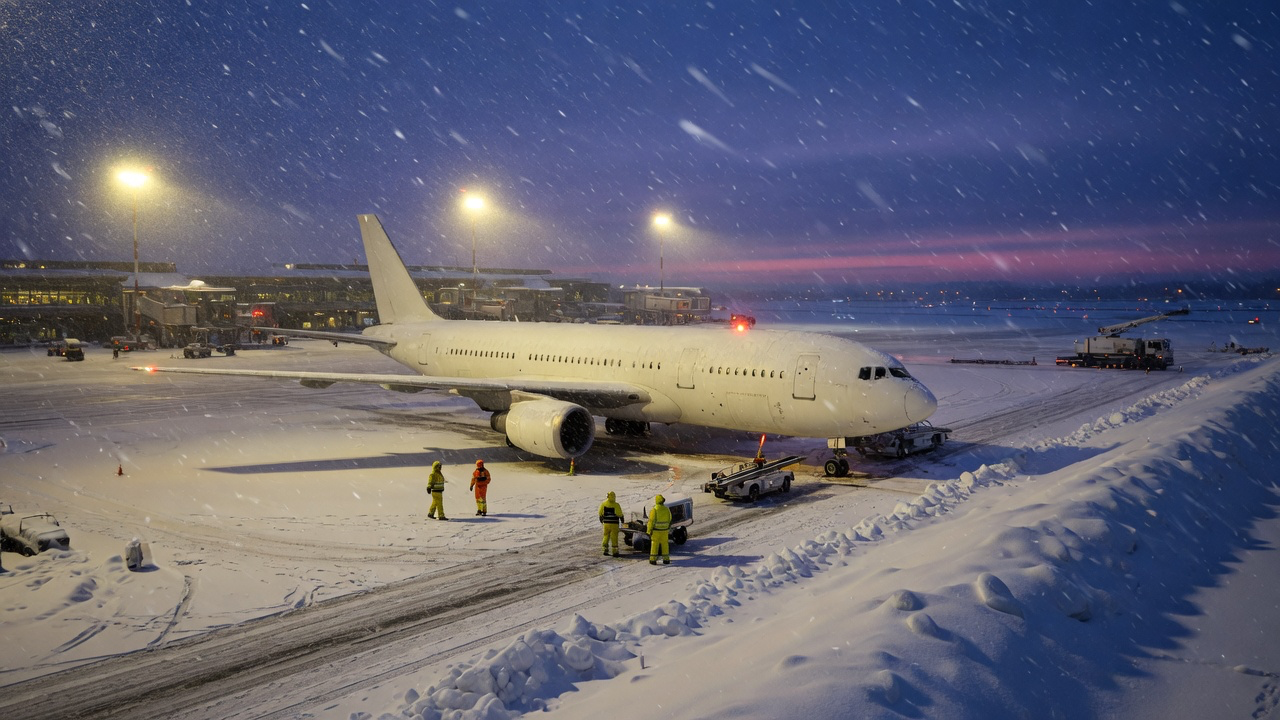 An airliner on a snow-swept airport apron at dusk, heavy snow falling through the floodlights and ground crew small beside the aircraft, drifts banked along the taxiway edge