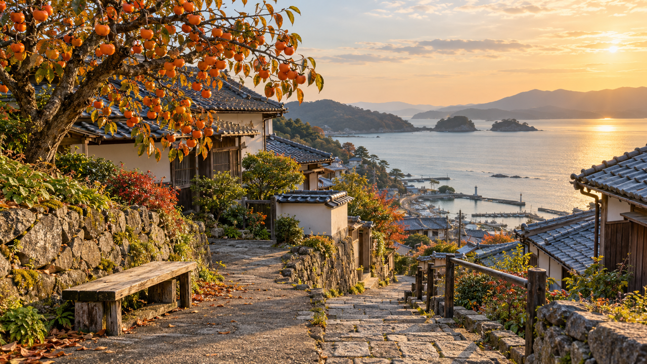 A stone path and wooden bench beside a persimmon tree heavy with orange fruit, above grey tiled roofs and a calm bay in a small Japanese coastal town at sunset