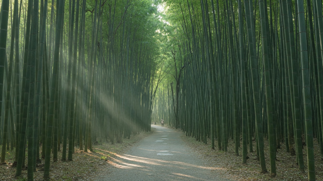 The bamboo grove at Arashiyama in Kyoto, tall stems and dappled light