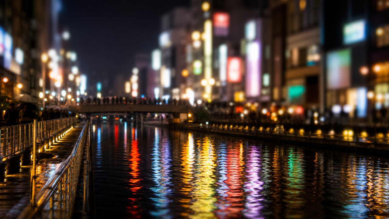 Neon signs and crowds along the Dotonbori canal in Osaka at night