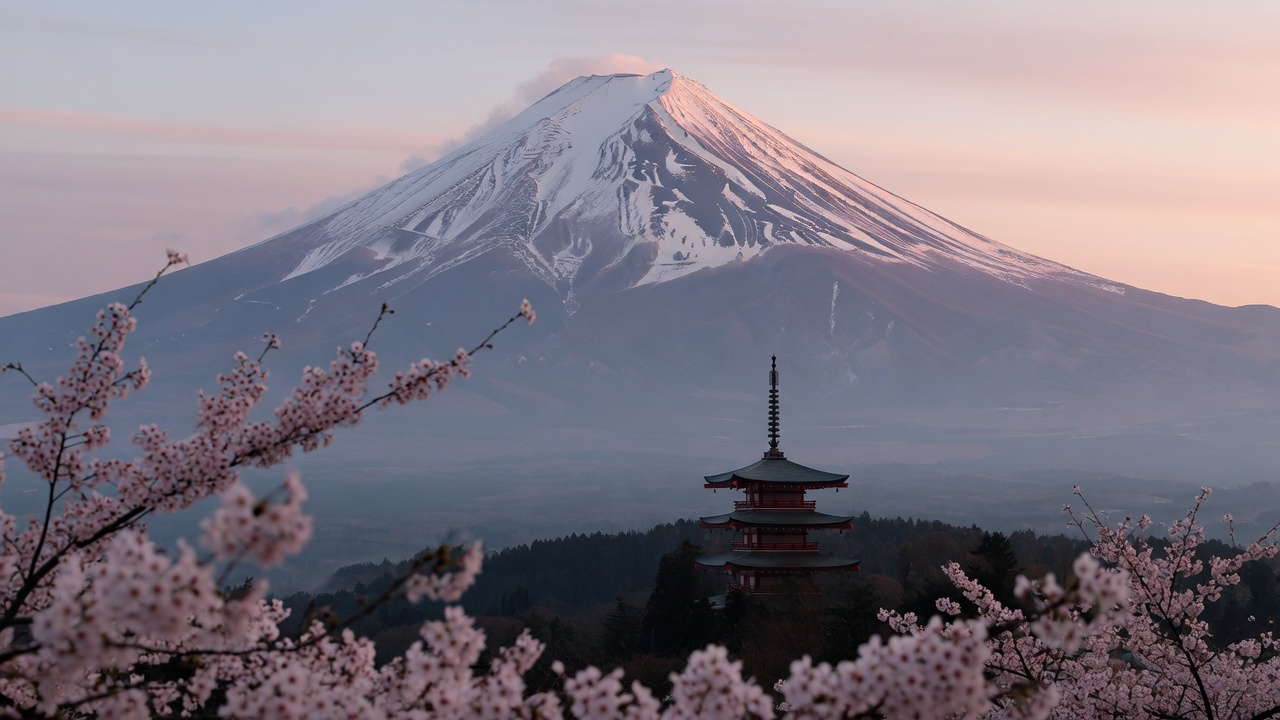 Mount Fuji at dawn behind a pagoda and cherry blossom