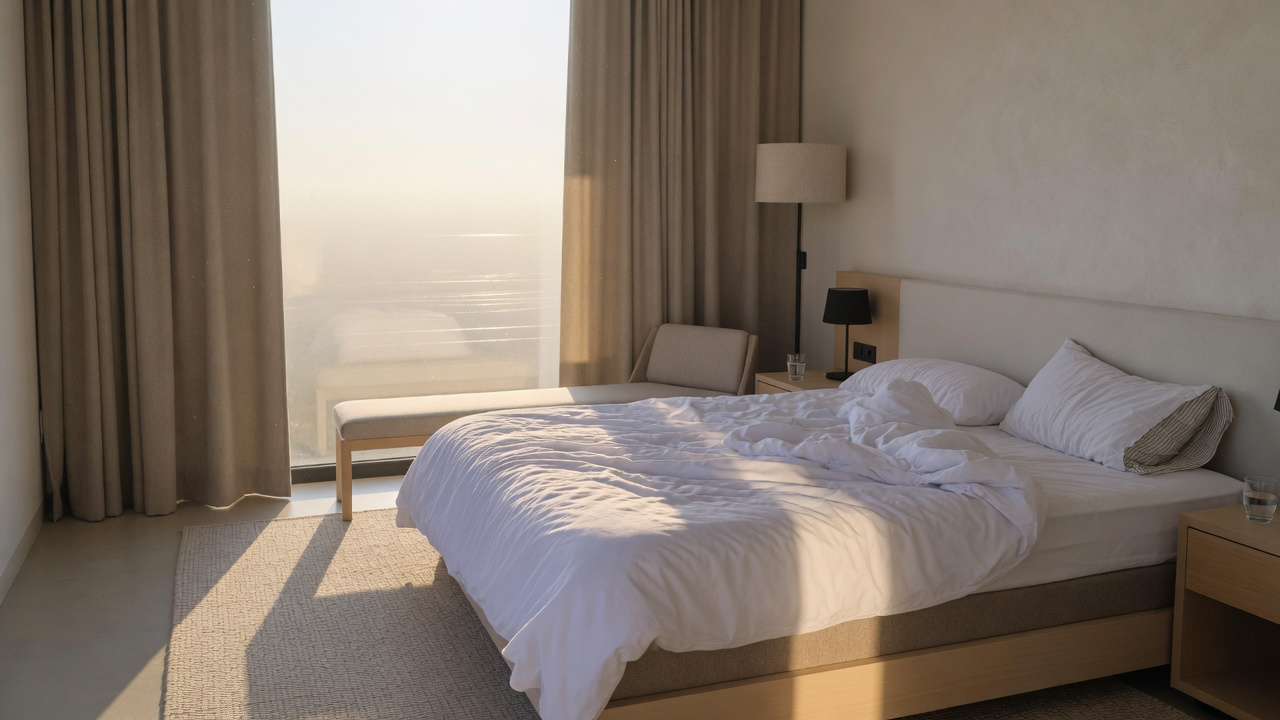 A modern hotel room in early morning, an unmade bed with rumpled white linen, the curtains pulled half open and low sunlight falling across the sheets, the view beyond the window a bright featureless haze