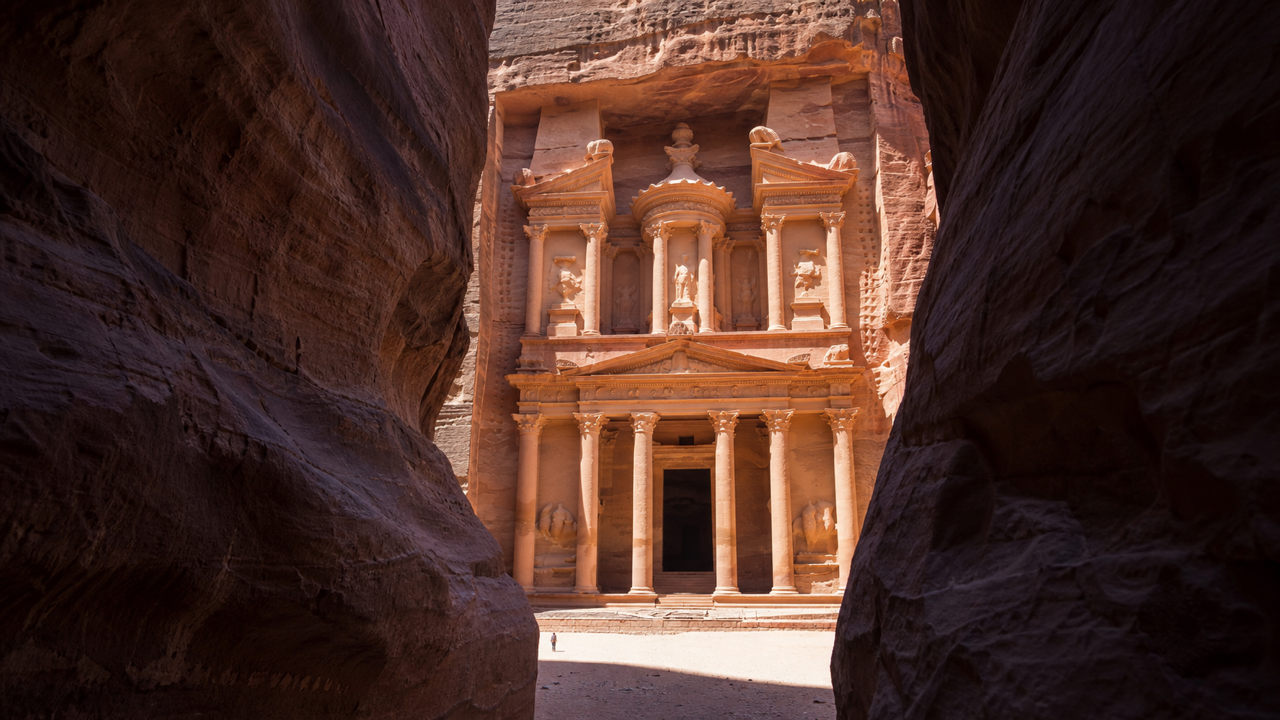 The rock-cut facade of the Treasury at Petra, framed by the narrow walls of the Siq