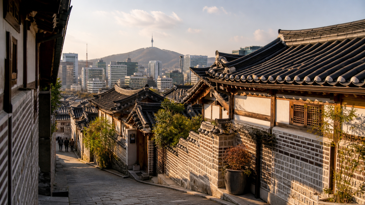 The tiled roofs of Bukchon Hanok Village in Seoul, with the modern skyline and Namsan beyond