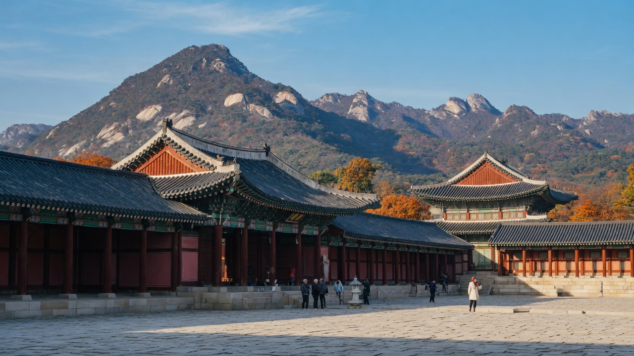 The tiled roofs and painted eaves of Gyeongbokgung Palace in Seoul with the granite ridges of Bukhansan rising behind in clear autumn light