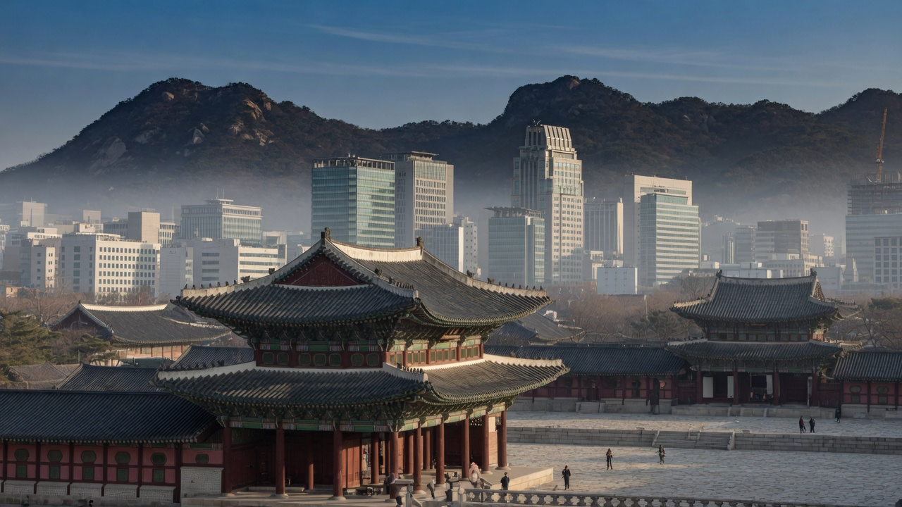 Gyeongbokgung Palace in Seoul, tiled roofs with mountains and city towers behind