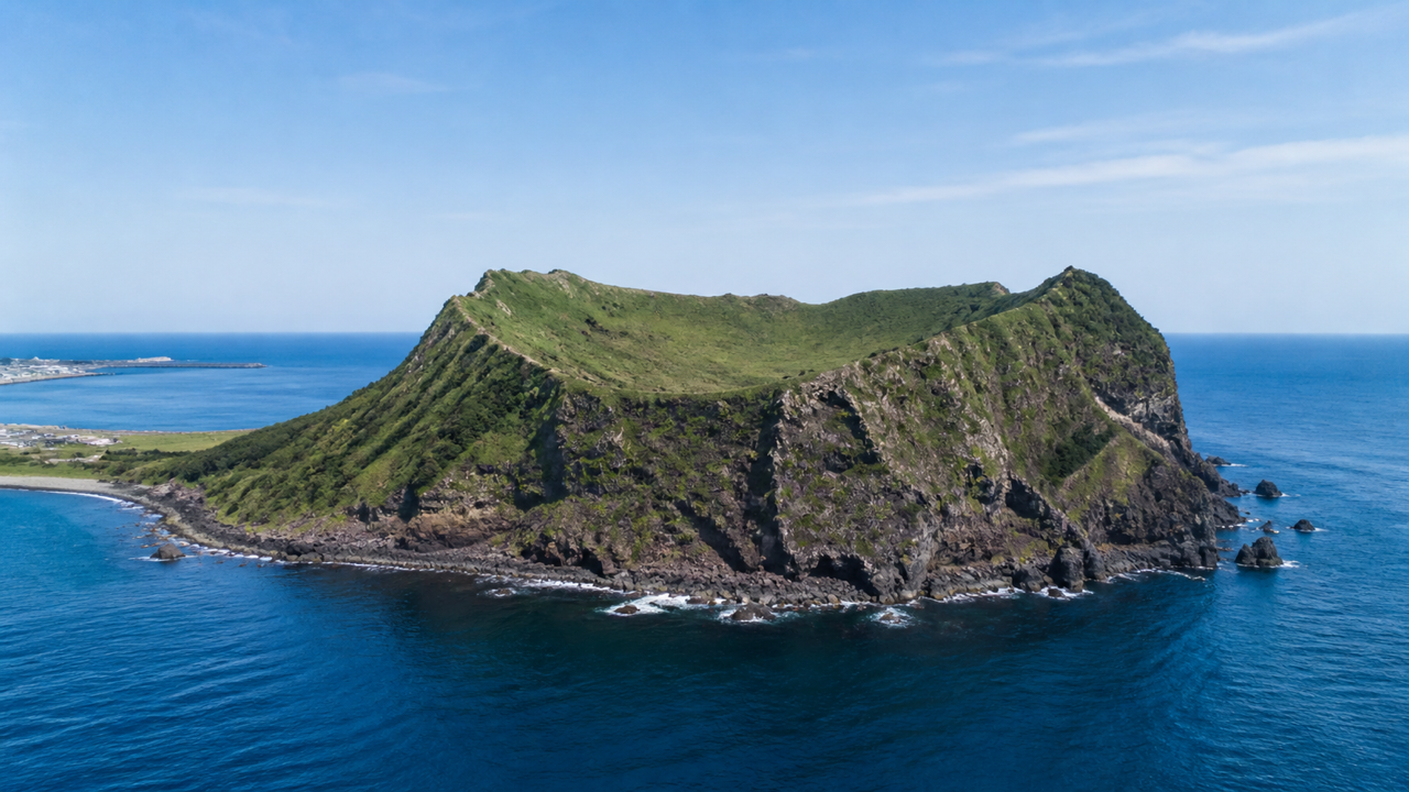 The volcanic tuff cone of Seongsan Ilchulbong rising above the coastline of Jeju Island