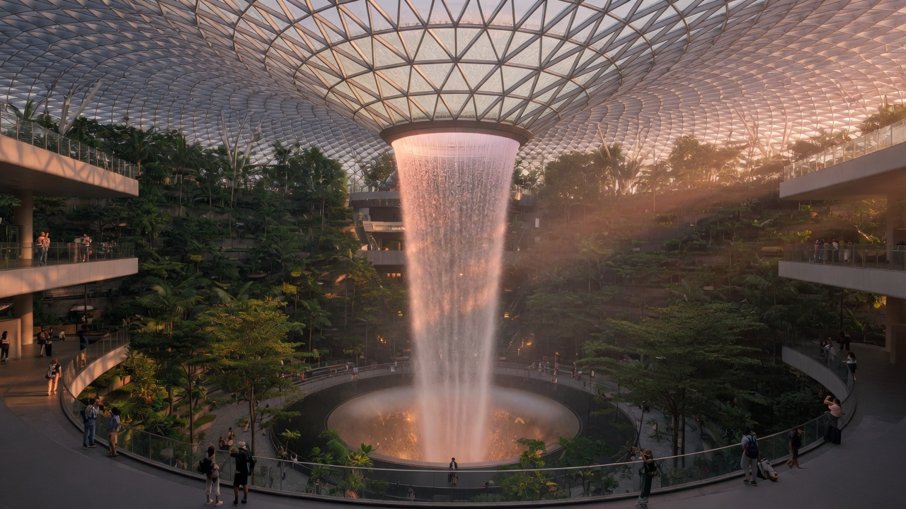 The circular indoor waterfall at Jewel Changi Airport falling through a glass and steel domed roof into a terraced indoor forest, travellers small on the surrounding walkways in warm evening light