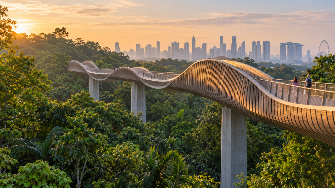 The curving timber ribs of Henderson Waves footbridge crossing a green rainforest canopy in Singapore, with the city skyline hazy in the sunrise light behind