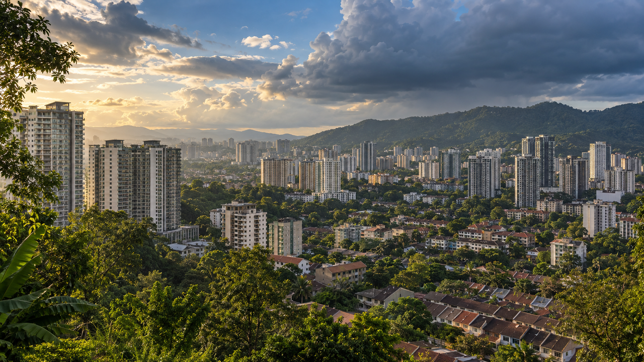 A view from a wooded hillside over residential Kuala Lumpur, apartment towers rising above terraced houses and trees towards forested hills under a stormy late-afternoon sky