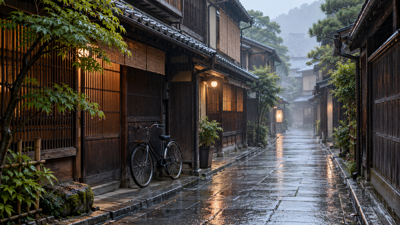 A quiet wet lane of dark wooden townhouses in Kyoto, Japan, with warm lamplight in the lattice windows, a bicycle leaning on a wall and mist over the hills beyond