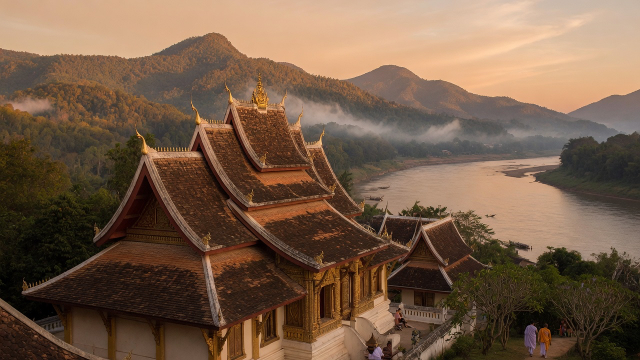 Luang Prabang's temple roofs rising above the Mekong River