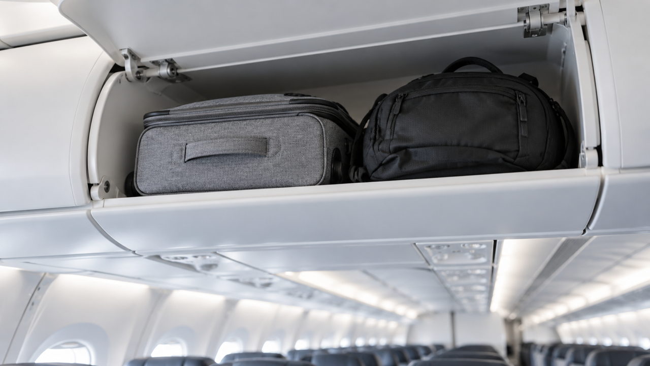 An open overhead locker on a plain aircraft cabin holding a grey soft cabin bag and a black backpack, with empty seat rows blurred below