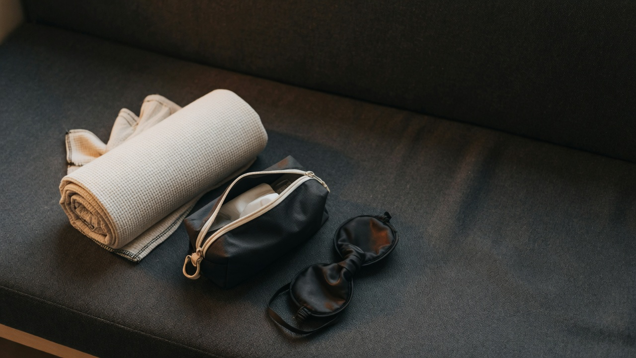 A rolled cream blanket, a black zipped toiletry pouch and a silk eye mask on a dark grey upholstered bench in dim side light