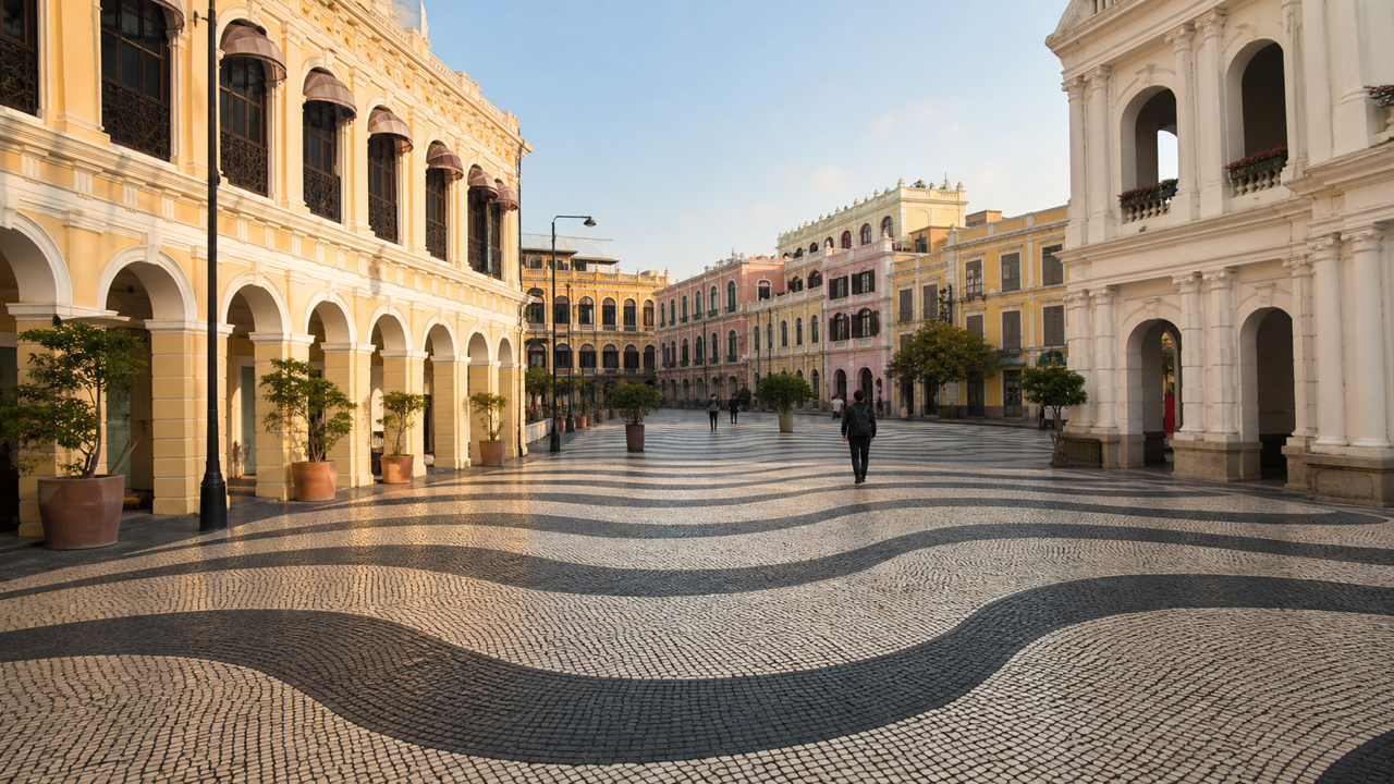 Macau's waterfront skyline blending Portuguese and Chinese architecture