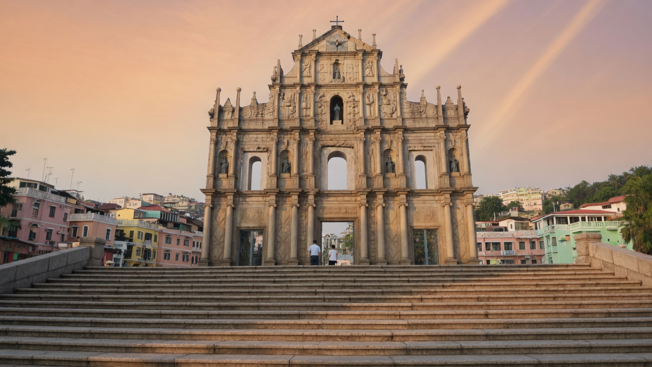 The ornate stone facade of the Ruins of St. Paul's in Macau