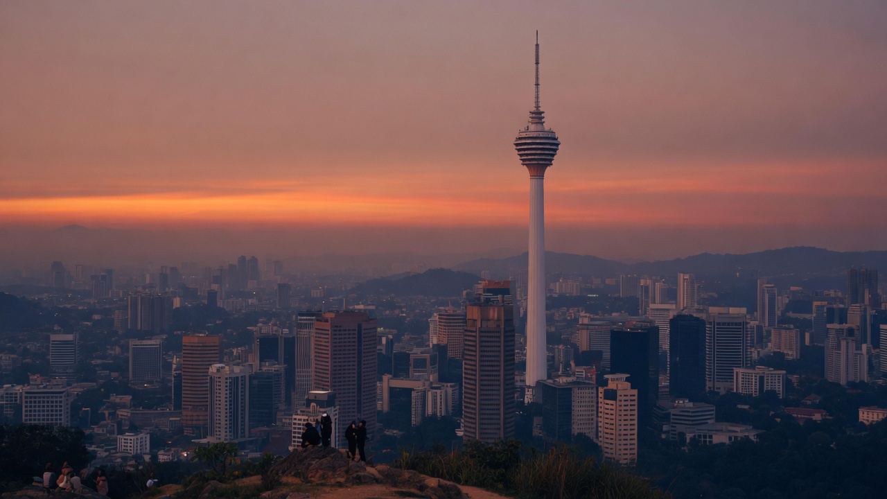 The Kuala Lumpur skyline at sunset seen from a hilltop viewpoint, KL Tower rising above the office blocks with hazy hills behind and a few people watching from the rocks