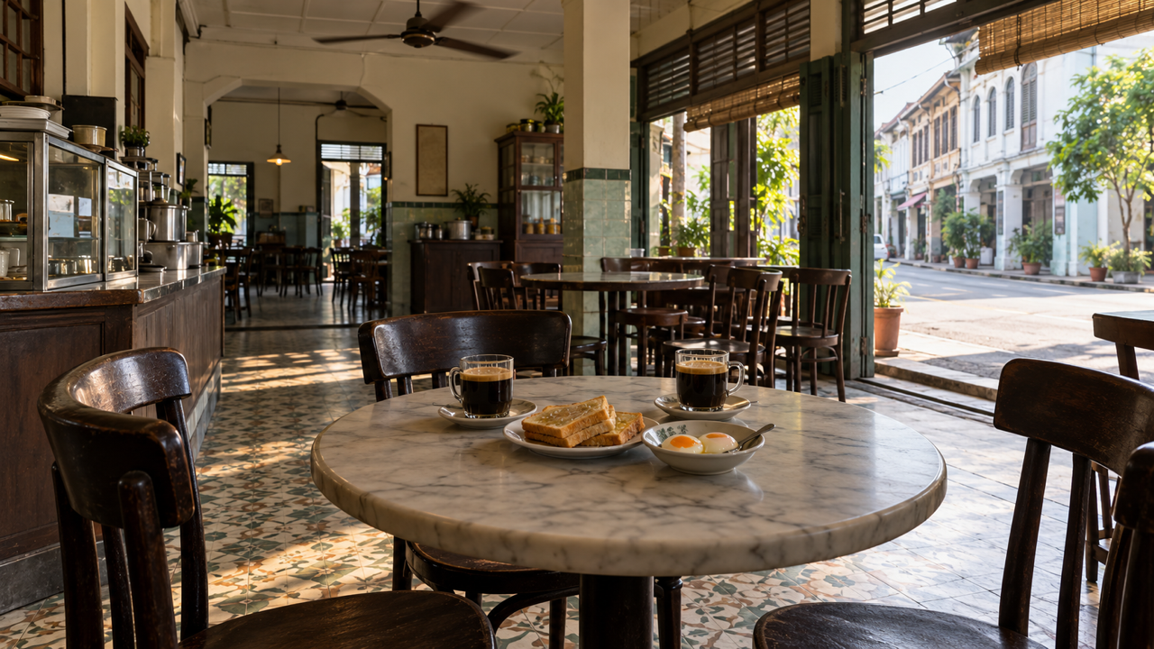 A marble topped table in a Malaysian kopitiam set with two glasses of black coffee, kaya toast and soft boiled eggs, with an open shopfront onto a quiet street