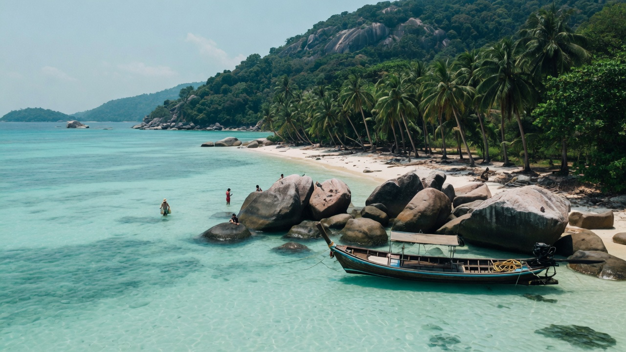 A turquoise island bay with granite boulders and palms along a white sand shore, a wooden longboat moored in clear shallow water and a few people wading