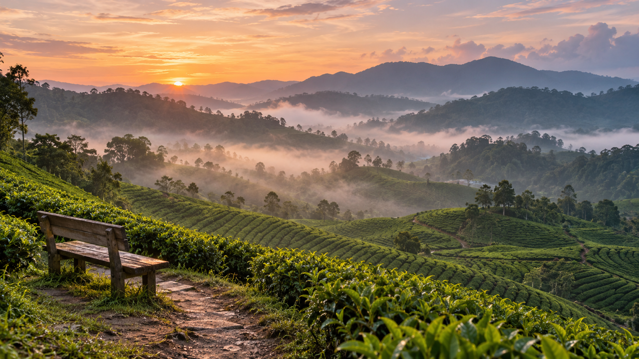 Sunrise over misty tea plantation hills in the Cameron Highlands, Malaysia, with an empty wooden bench beside a muddy footpath