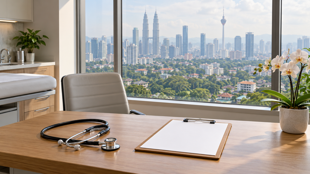 A doctor's desk with a stethoscope, a blank clipboard and an orchid beside a window overlooking the Kuala Lumpur skyline and the Petronas Towers