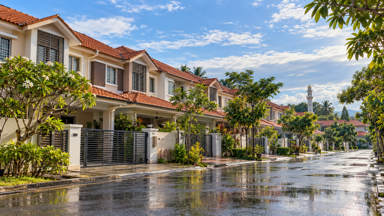 A row of two storey terraced houses with tiled roofs and frangipani trees on a wet street in Selangor, Malaysia, with a mosque minaret beyond the rooftops