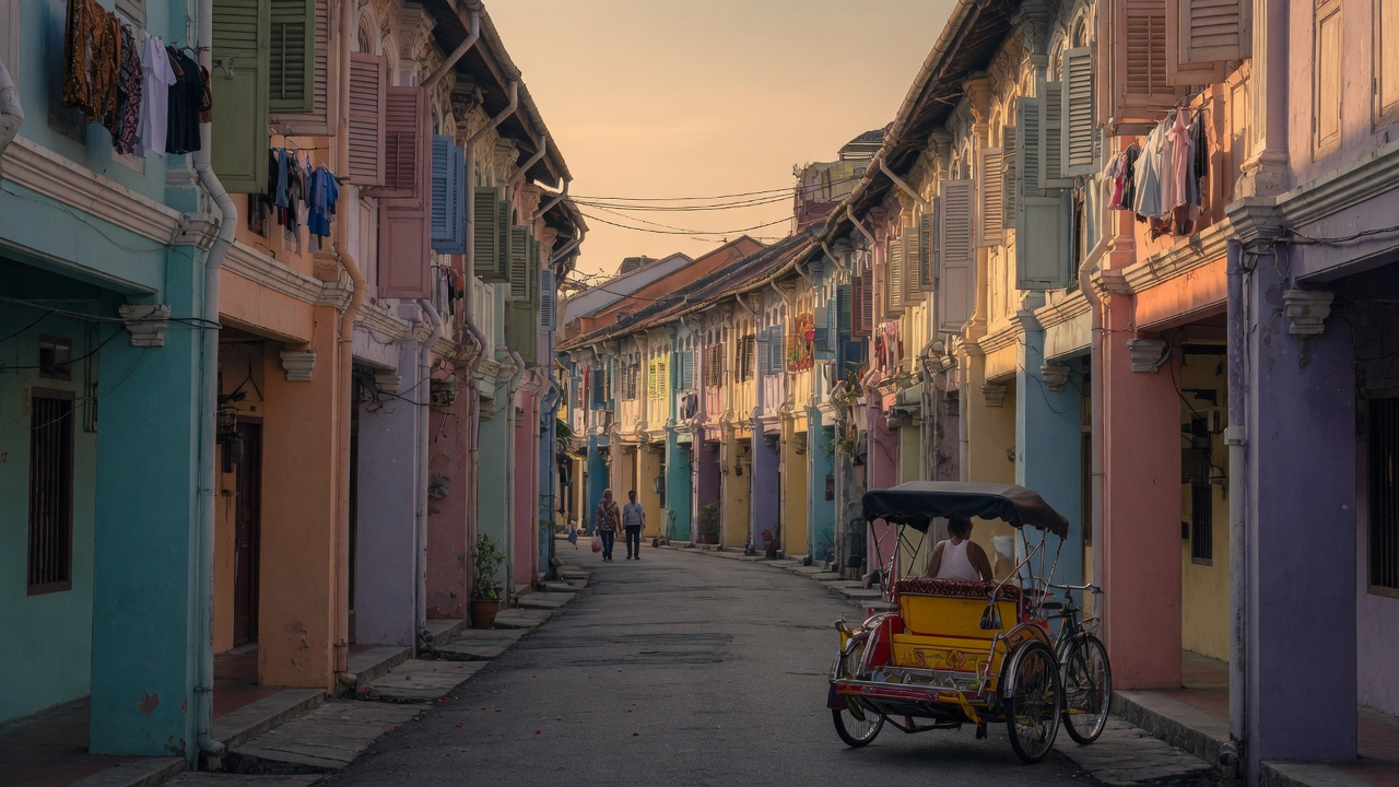 A narrow street of pastel heritage shophouses in George Town, Penang, laundry hanging from the upper shutters and a yellow trishaw parked in late afternoon light