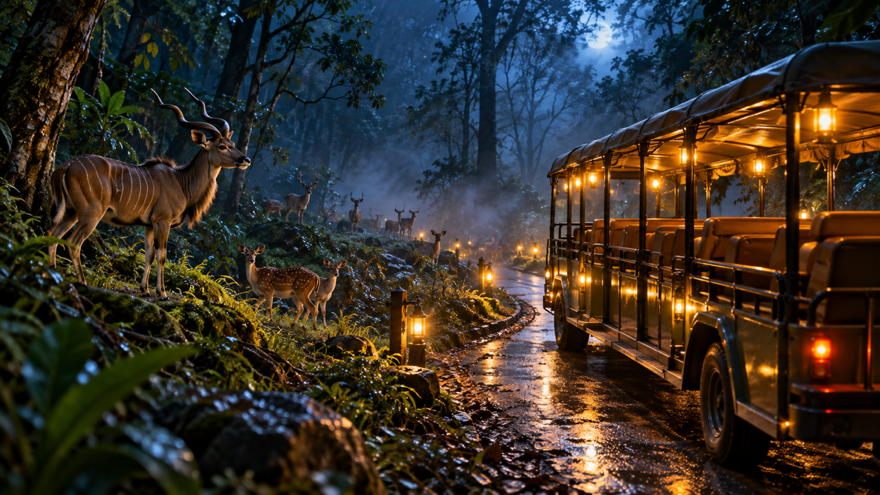 An open-sided tram on a wet forest track at night under amber lamps, with antelope and deer watching from the misty undergrowth