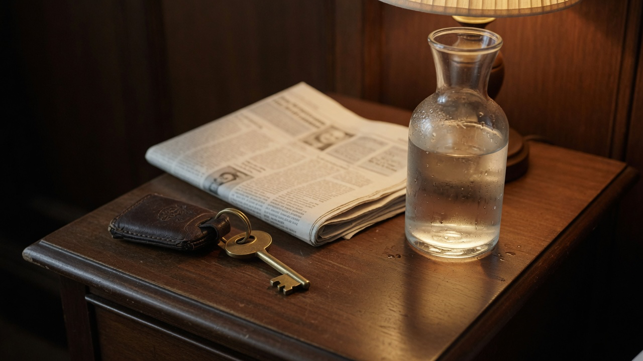 A brass room key on a worn leather fob beside a folded newspaper and a glass carafe of water on a dark wooden hotel nightstand under warm lamplight