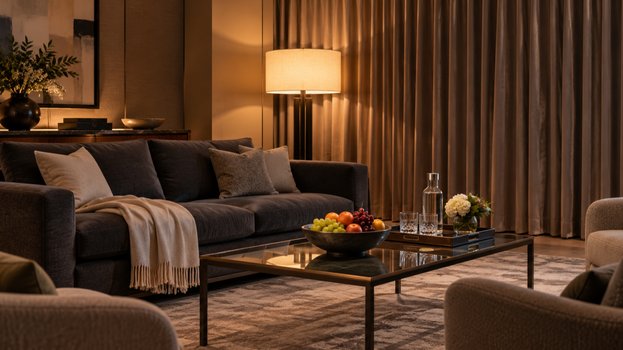 A dimly lit hotel suite sitting room with a charcoal sofa, a cream throw, and a glass coffee table holding a bowl of fruit and a water carafe beside heavy drawn curtains