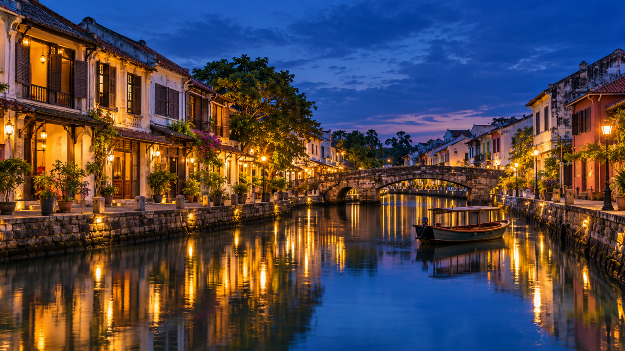 Heritage shophouses with shuttered windows and glowing lamps line the Melaka River at dusk in Malaysia, with a small covered boat on the still water beneath a stone footbridge