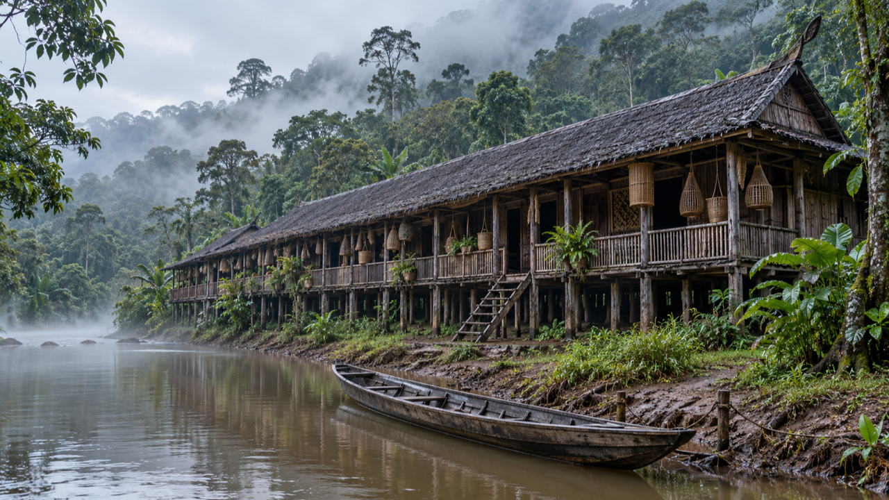 A long wooden longhouse on stilts beside a misty brown river in Sarawak, Malaysia, with a wooden boat pulled up on the muddy bank and rainforest behind