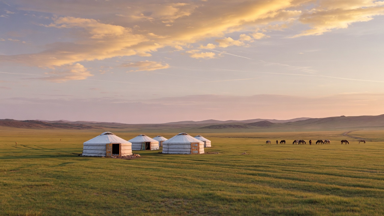 Traditional white gers scattered across Mongolia's open steppe