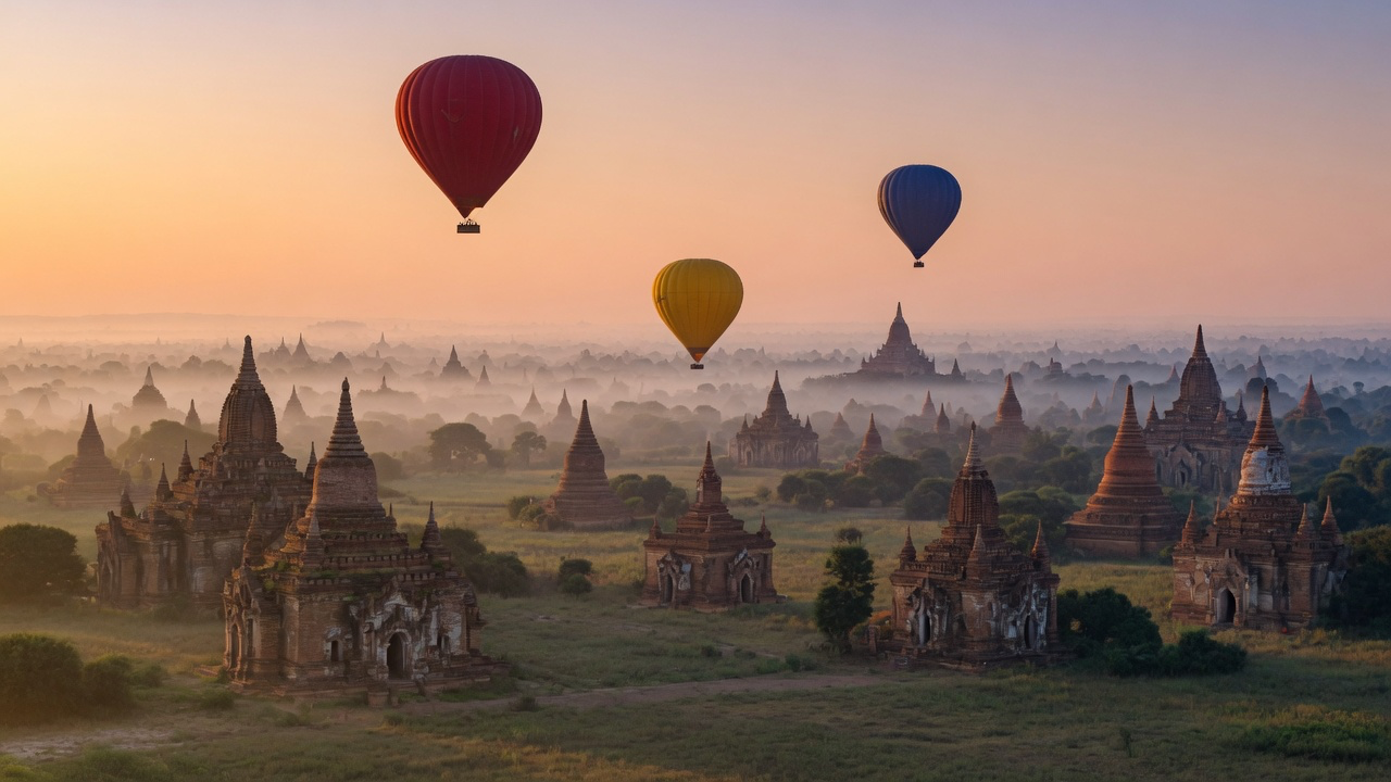 Hot air balloons drifting over the temple plain of Bagan at sunrise