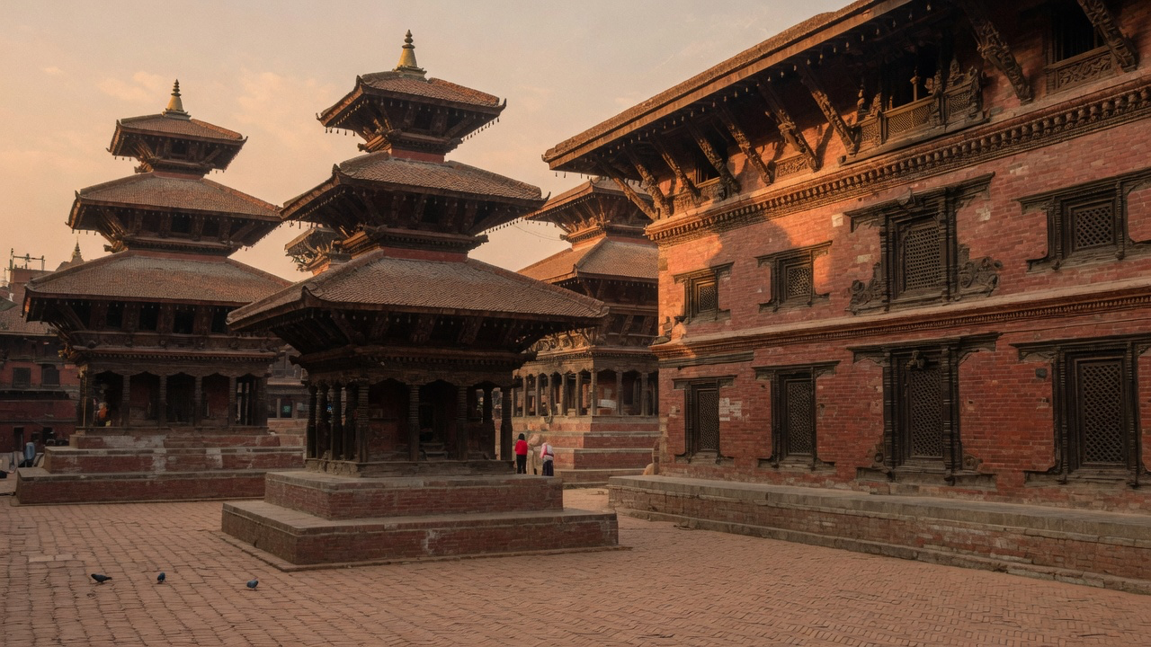 The carved brick and wood temples of Patan Durbar Square in the Kathmandu valley