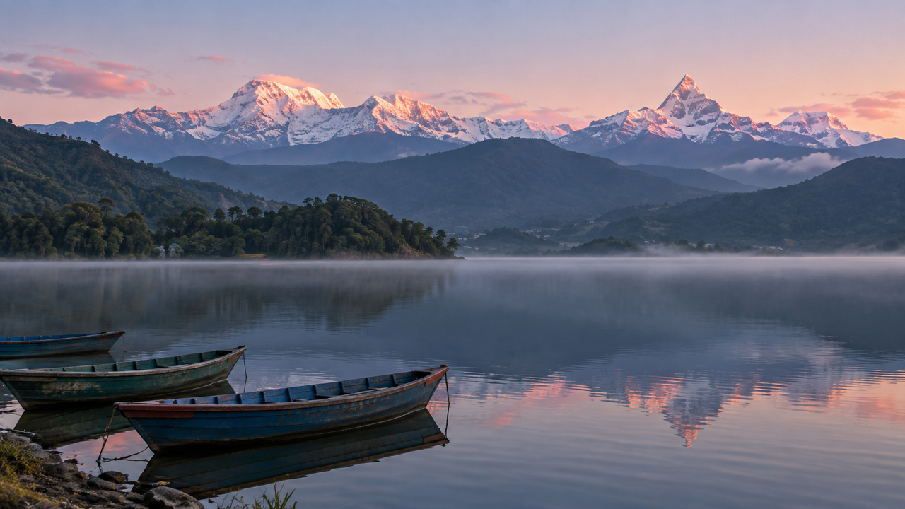 Wooden rowing boats moored on Phewa Lake at dawn in Nepal, the Annapurna range and Machhapuchhre pink with first light and reflected in the still, misty water