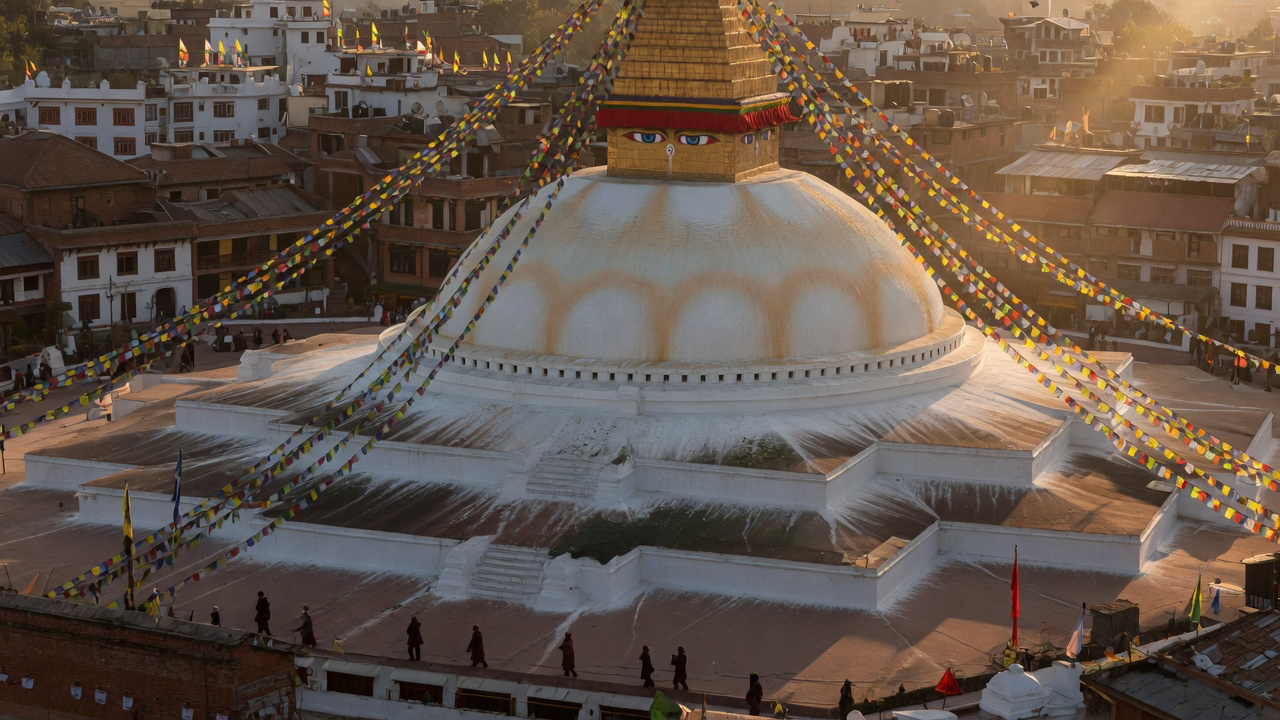 Boudhanath Stupa in Kathmandu, its prayer flags radiating over the surrounding city