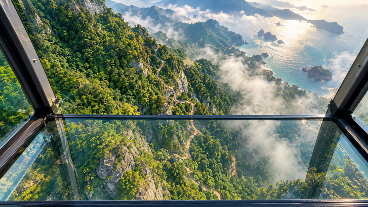 Looking down through a cable car cabin's glass floor at a steep forested mountainside and a misty bay far below