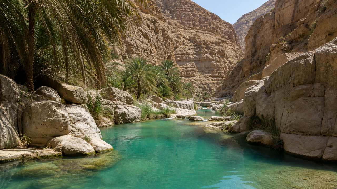The turquoise plunge pools and pale limestone canyon walls of Wadi Shab