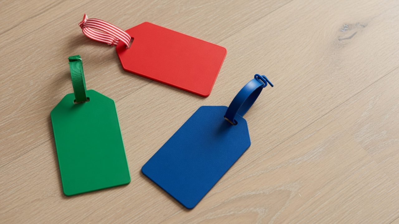 Three plain luggage tags in red, green and blue laid in a loose triangle on pale oak in soft even daylight