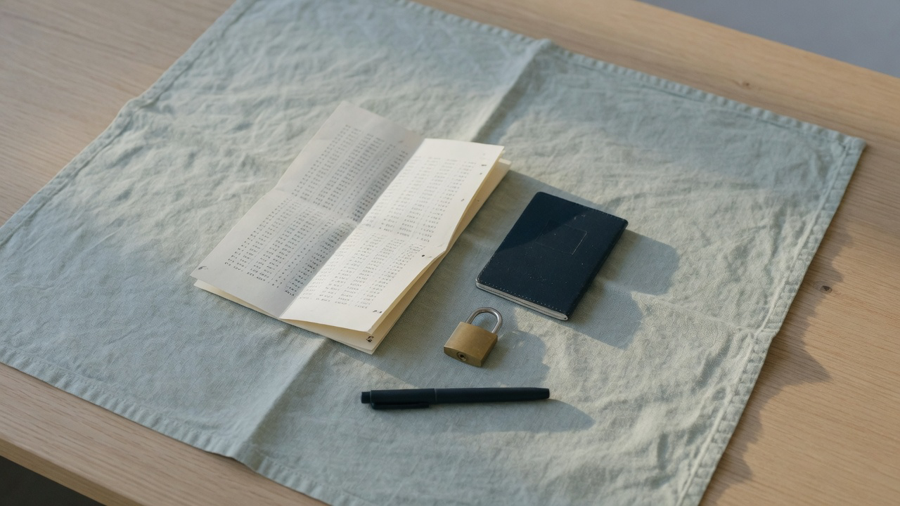 A folded sheet of printed codes beside a dark navy passport, a small brass padlock and a black pen, arranged on a pale sage linen cloth over a light oak table in cool morning light