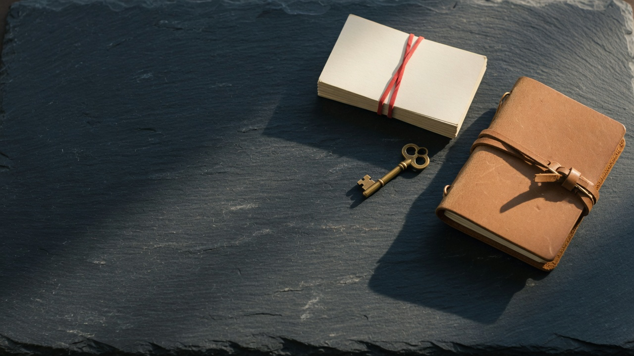 A stack of blank index cards bound with a red rubber band, a small brass key and a tan leather notebook on dark charcoal slate in low raking light