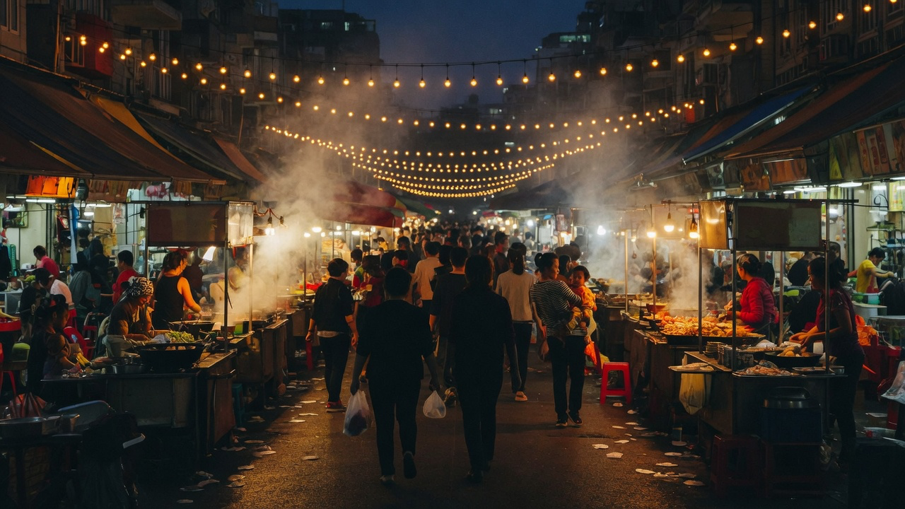 An Asian night market street at dusk, food stalls under strings of warm bulbs