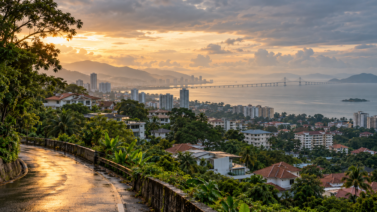 A hillside road in Penang, Malaysia, wet after rain at sunset, looking over tiled roofs and apartment blocks to the sea and the long Penang Bridge